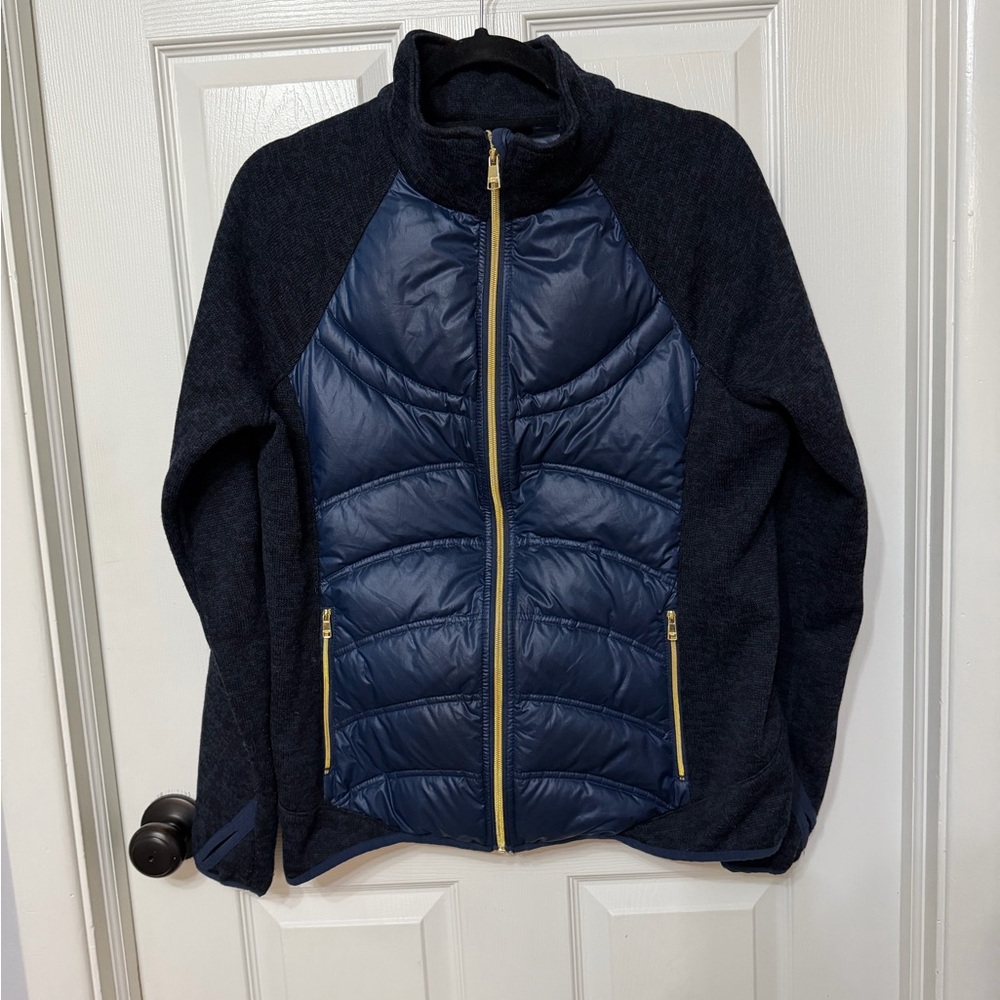 London Fog Puffer Jacket Down Sweater Navy Full Gold‎ Zipper Womens medium